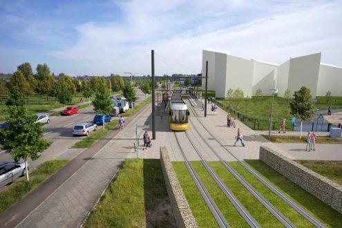 Berlin Adlershof Lftaufnahme für Architektur von Straßenbahnhaltestelle